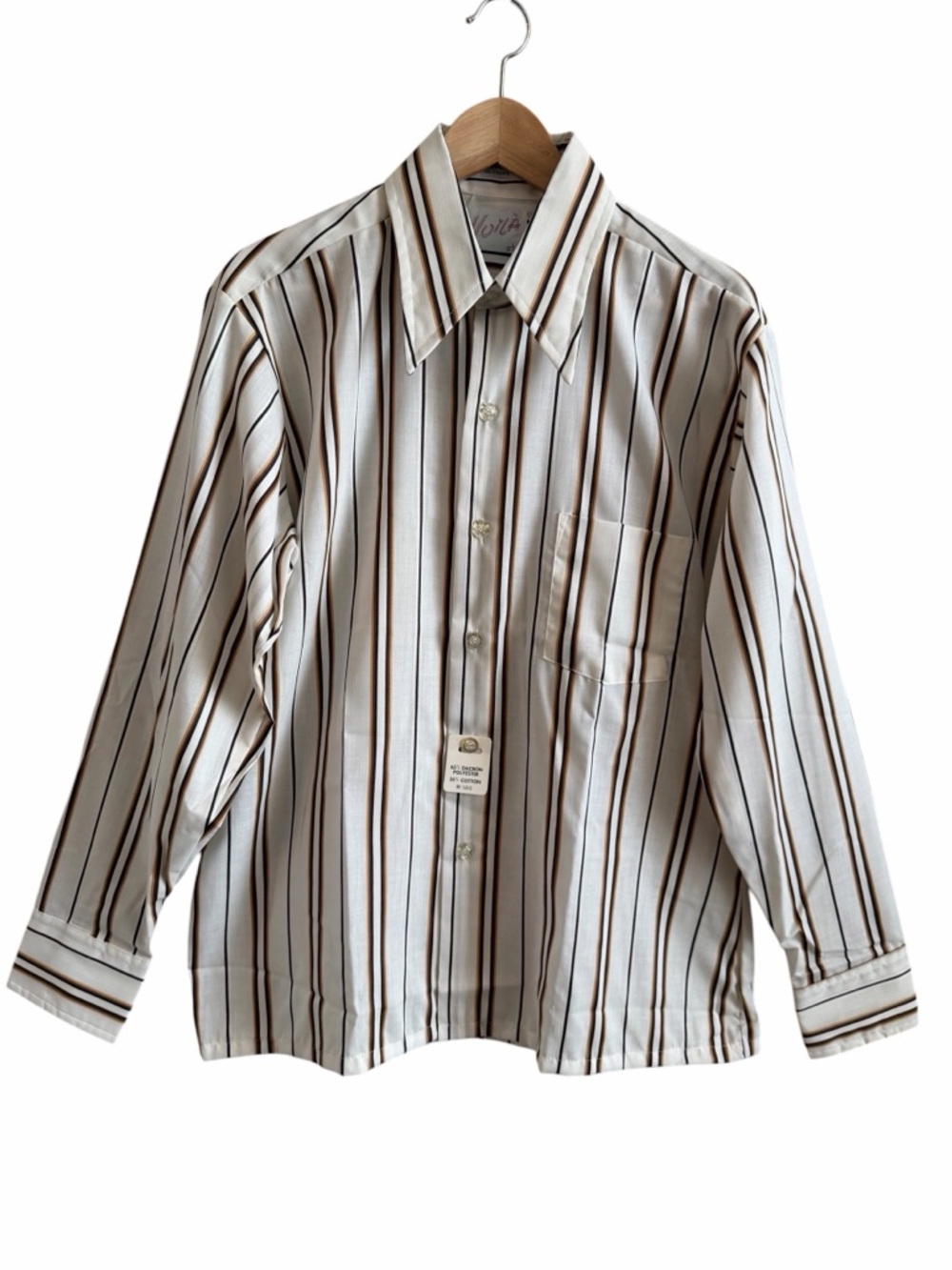 Voila Shirt Mens Size L 16-16.5 Cream Brown Striped Button Up Long Slv No Iron